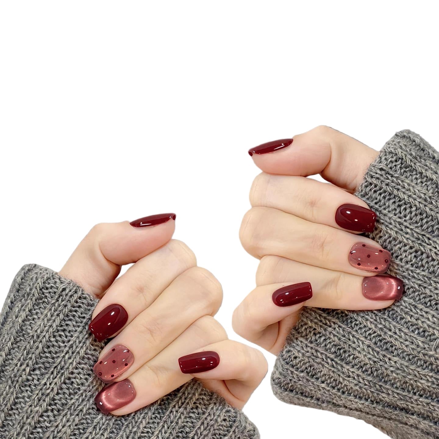 Handcrafted French Velvet Cat-Eye Press-On Nails - Burgundy & Rose Magnetic Art | Ultra Short Coffin