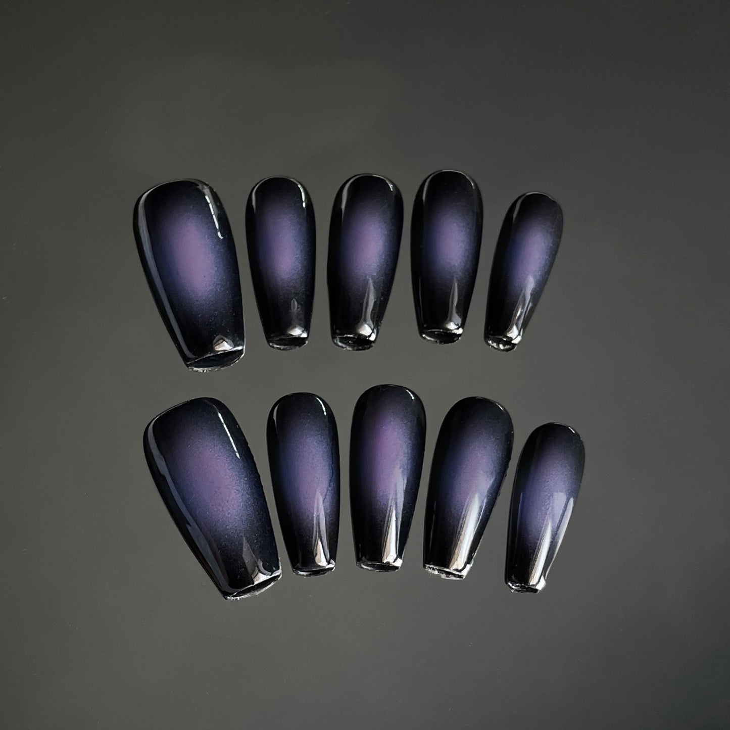 "Gothic-inspired Aura Blush" | Handcrafted Press-On Nails - Black Base with Purple & Blue Gradient | Medium Coffin Cool Girl Fake Nails