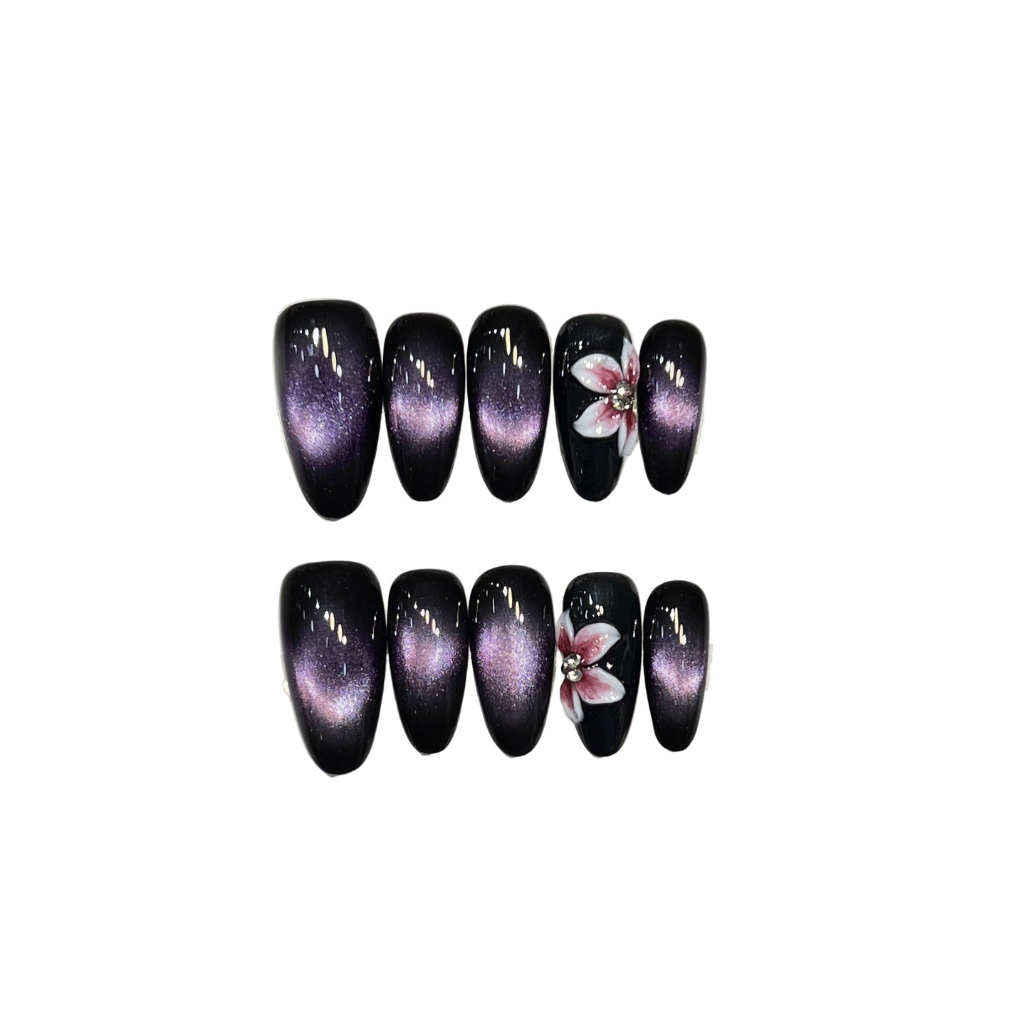 "Midnight Orchid" | Midnight Purple Galaxy Cat Eye Press-On Nails with Floral Accents | Medium Oval