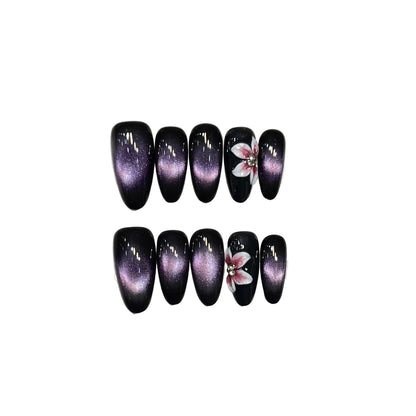 "Midnight Orchid" | Midnight Purple Galaxy Cat Eye Press-On Nails with Floral Accents | Medium Oval