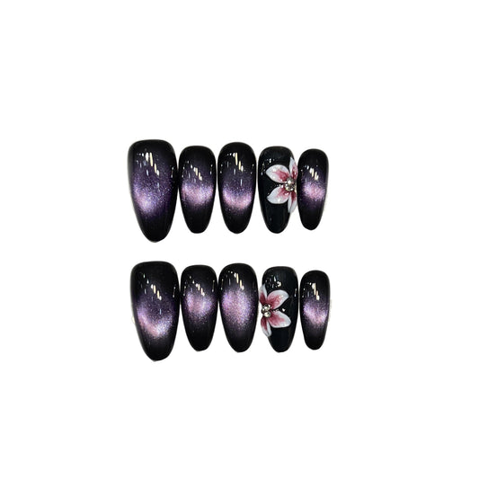 "Midnight Orchid" | Midnight Purple Galaxy Cat Eye Press-On Nails with Floral Accents | Medium Oval