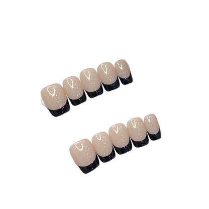"Noir Classic" | Handcrafted Black French Tip Press-On Nails - Elegant Nude Base