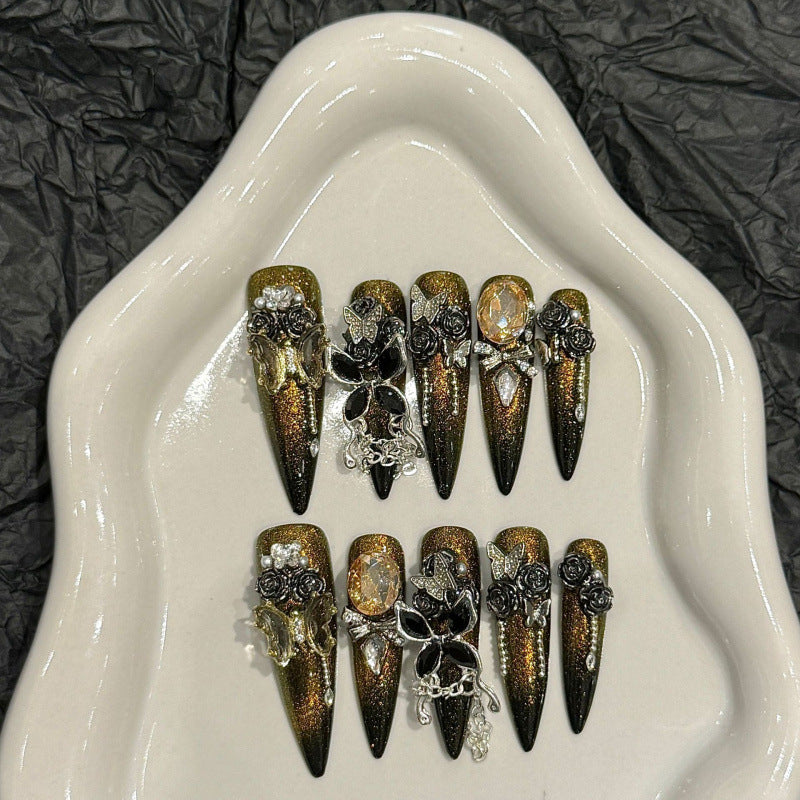 Gothic Noir 3D Stiletto Press-on Nails | Midnight Silver Forest & Black Gold Butterfly | Long Pointy Artisan Manicure