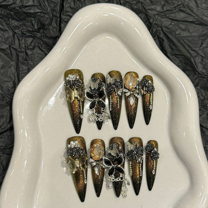 Gothic Noir 3D Stiletto Press-on Nails | Midnight Silver Forest & Black Gold Butterfly | Long Pointy Artisan Manicure