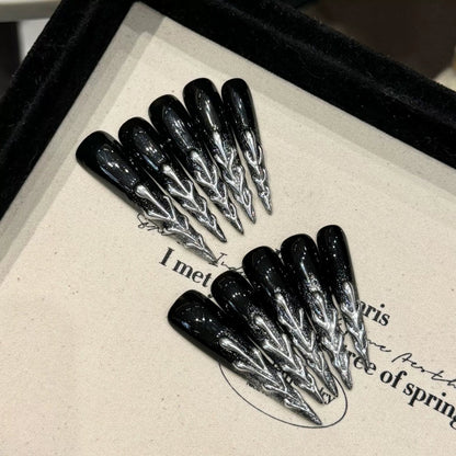 Gothic Noir 3D Stiletto Press-on Nails | Midnight Silver Forest & Black Gold Butterfly | Long Pointy Artisan Manicure