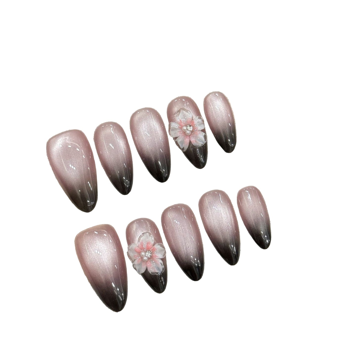 Handmade Floral & French Cat Eye Press on Nails | Luxury Almond Fake Nails Collection