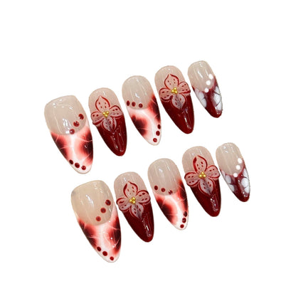 Handmade Floral & French Cat Eye Press on Nails | Luxury Almond Fake Nails Collection