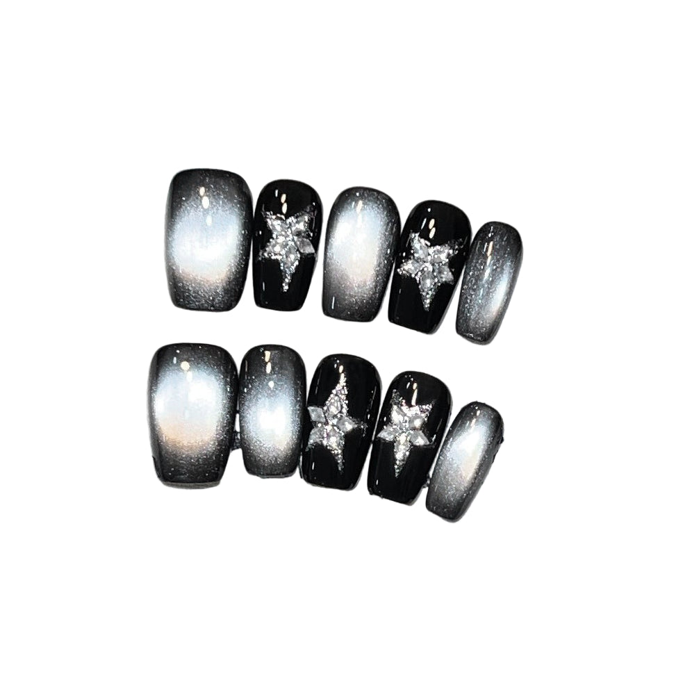 "Midnight Galaxy" | Y2K Midnight Starry Black Cat Eye Press-On Nails | Short Coffin