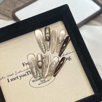 Luxury Handmade Press On Nails | Long Almond Cat Eye & Coffin Faux Nails Collection