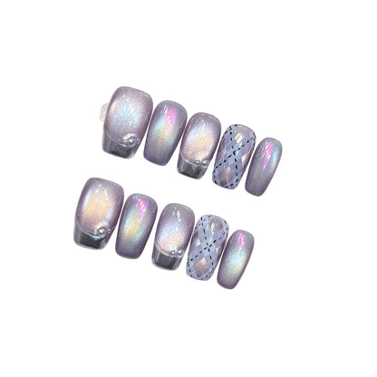 "Lavender Nebula" | Handmade Aurora Cat-Eye Press-on Nails with Plaid Accents