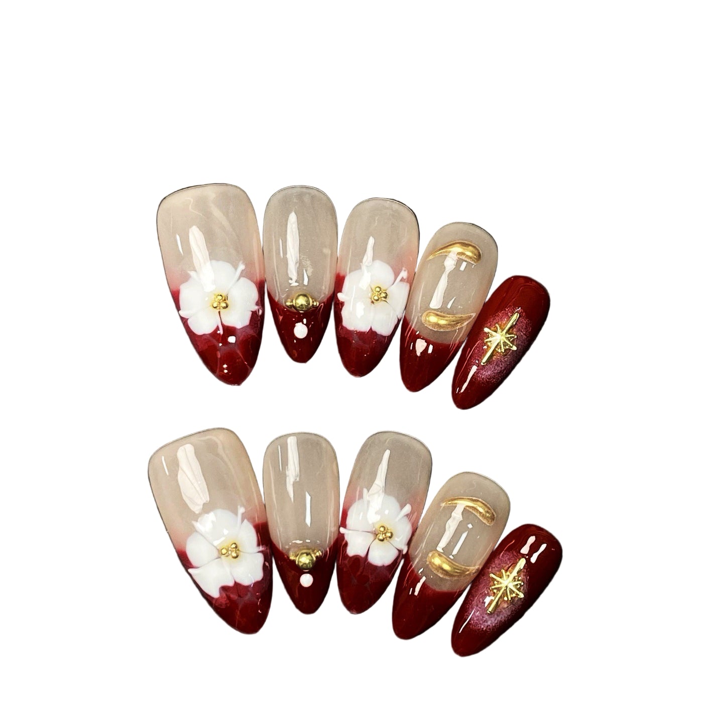 Handmade Floral & French Cat Eye Press on Nails | Luxury Almond Fake Nails Collection