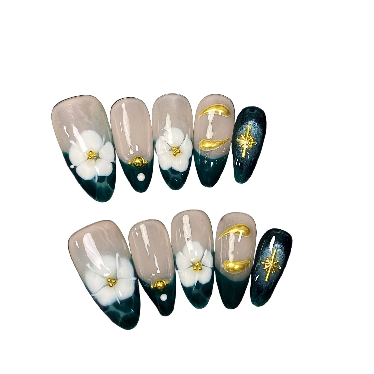 Handmade Floral & French Cat Eye Press on Nails | Luxury Almond Fake Nails Collection