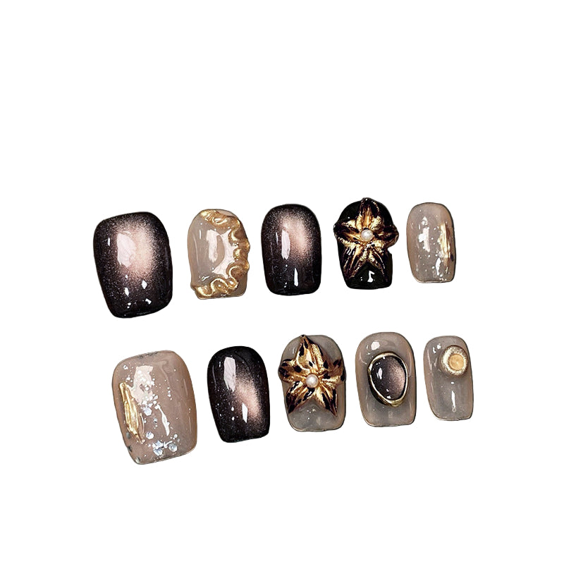 Gothic Aurora Cat Eye Press on Nails | Handmade 3D Metallic Flower Dark Aesthetic Fake Nails