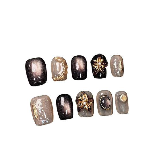Gothic Aurora Cat Eye Press on Nails | Handmade 3D Metallic Flower Dark Aesthetic Fake Nails