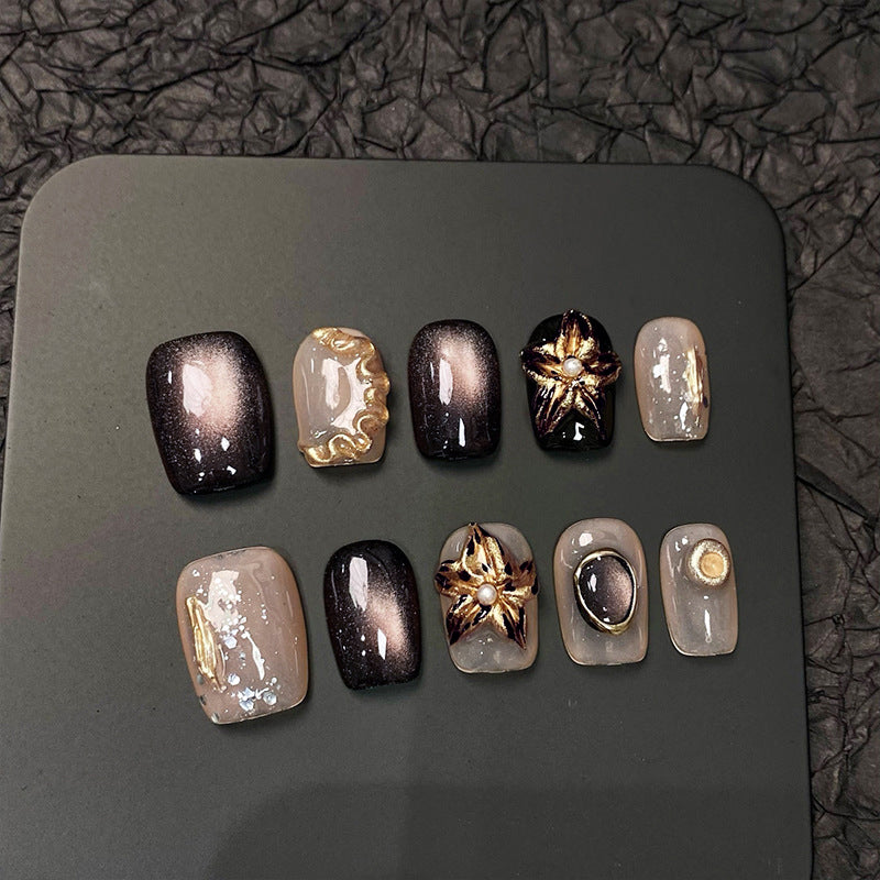 Gothic Aurora Cat Eye Press on Nails | Handmade 3D Metallic Flower Dark Aesthetic Fake Nails