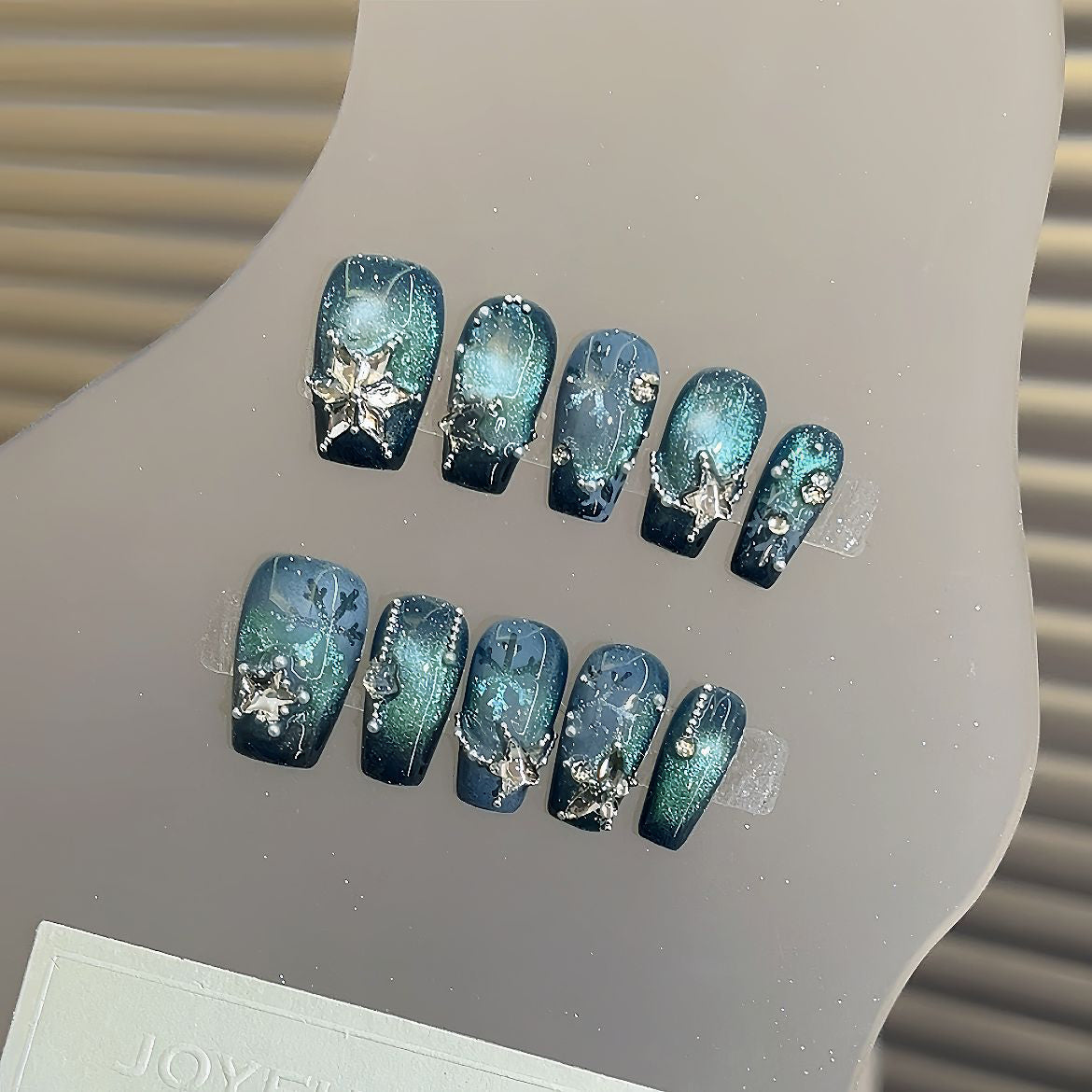 Ethereal Blue Ice & Snow Ombre Press-on Nails | Short Coffin (Ballerina) Shape | Winter Sparkle Collection