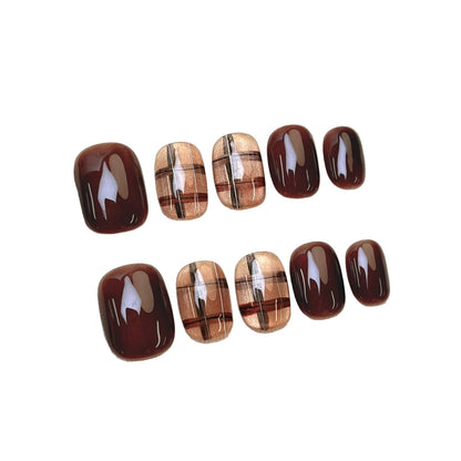 Handcrafted British Retro Plaid Press-On Nails - Caramel Plaid & Cocoa Medley | Short Squoval Collection