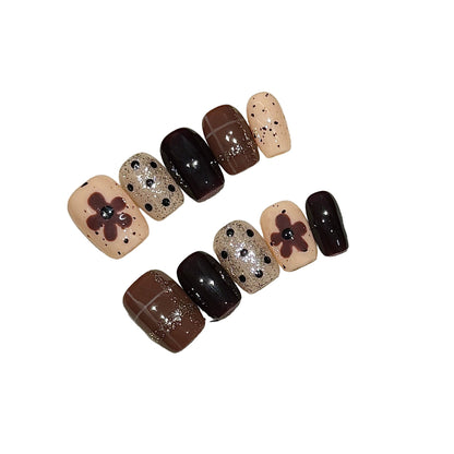 Handcrafted Light Luxury Press-On Nails - 3D Metallic Art & Amber Smudge Gel | Ultra Short Coffin Retro Collection