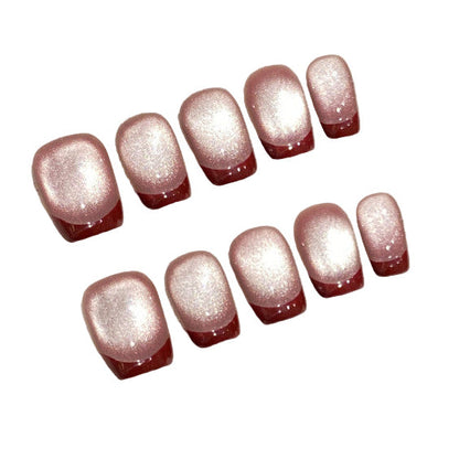 Handcrafted French Velvet Cat-Eye Press-On Nails - Burgundy & Rose Magnetic Art | Ultra Short Coffin