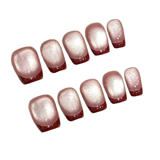 Handcrafted French Velvet Cat-Eye Press-On Nails - Burgundy & Rose Magnetic Art | Ultra Short Coffin