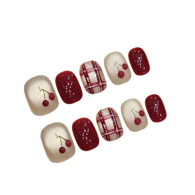 Cherry Red & Sweet Cherry Plaid Press on Nails | Handmade Short Square Reusable Nails