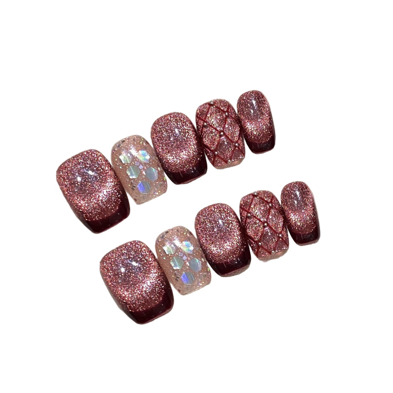 Handcrafted French Velvet Cat-Eye Press-On Nails - Burgundy & Rose Magnetic Art | Ultra Short Coffin