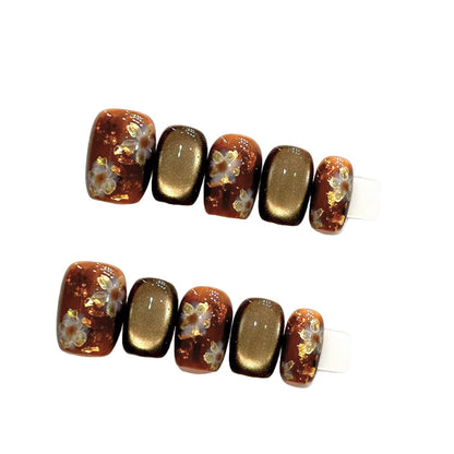 "Dreamy Blossoms" | Handcrafted Amber Floral Cat-Eye Press-on Nails | Short Square Reusable False Nails
