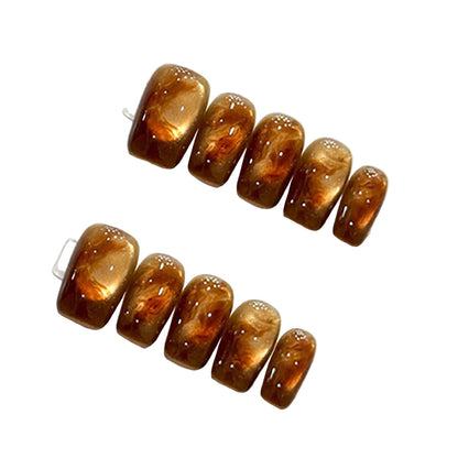 Luxury Amber Stone Magnetic Press on Nails | Shimmering Brown Cat Eye Handmade Reusable Nails