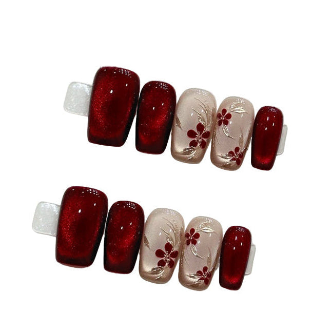 "Red Plum Blossom" | Handcrafted Embroidered Cat-Eye Press-On Nails