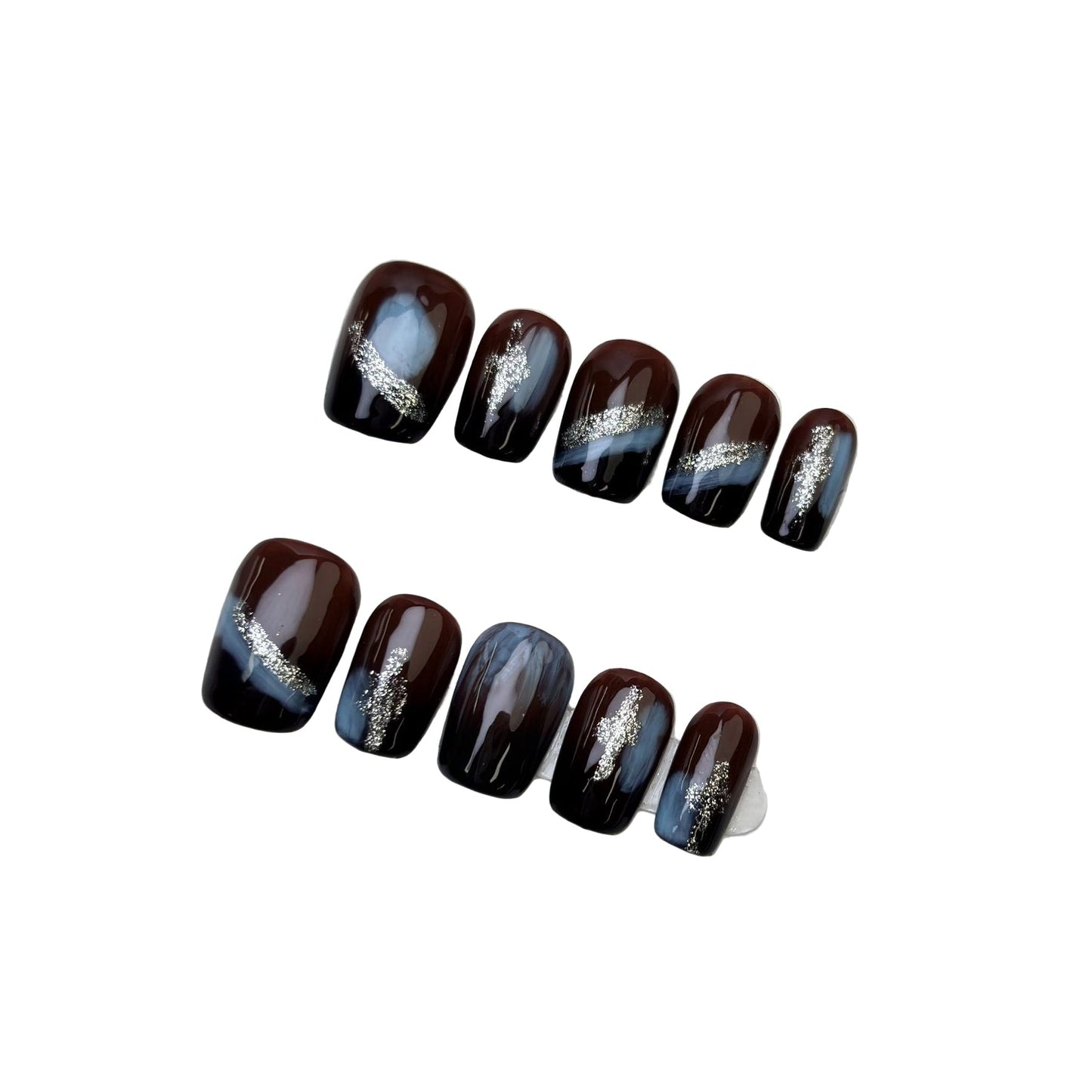 "Midnight Harmony" | Handcrafted Autumn-Winter Press-On Nails - Artistic Marble, Aurora Cat-Eye & 3D Embossed Designs