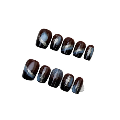 "Midnight Harmony" | Handcrafted Autumn-Winter Press-On Nails - Artistic Marble, Aurora Cat-Eye & 3D Embossed Designs