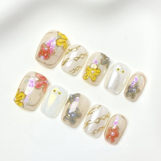 Artisan 3D Floral Press-on Nails | Short Coffin (Ballerina) Shape | Chrome, Cat-Eye & Aurora Collection