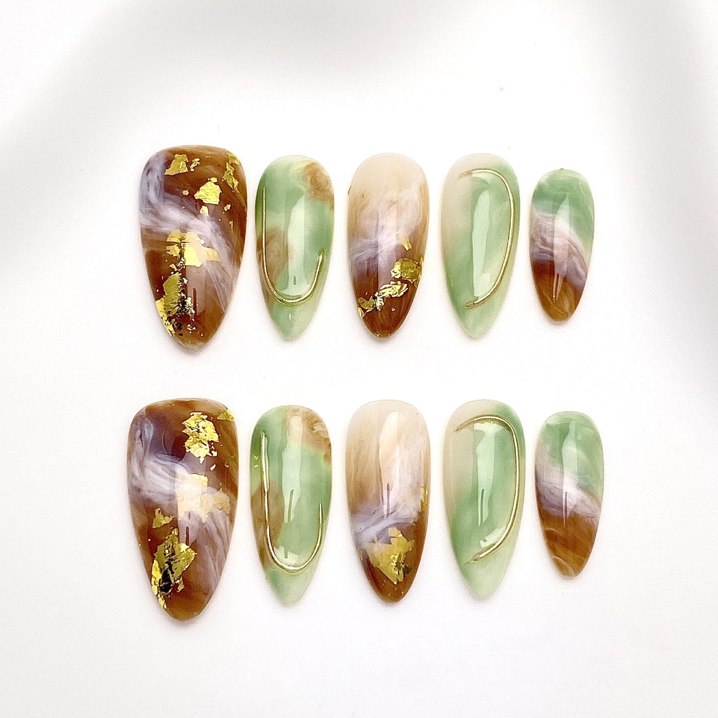 Elegant Almond Press-on Nails | Artisan Collection | Amber French, Gold Foil & Purple Cat-Eye Styles