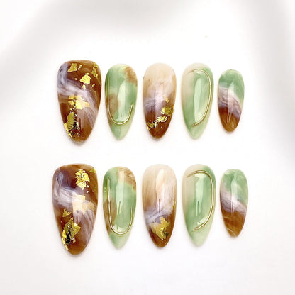 Elegant Almond Press-on Nails | Artisan Collection | Amber French, Gold Foil & Purple Cat-Eye Styles