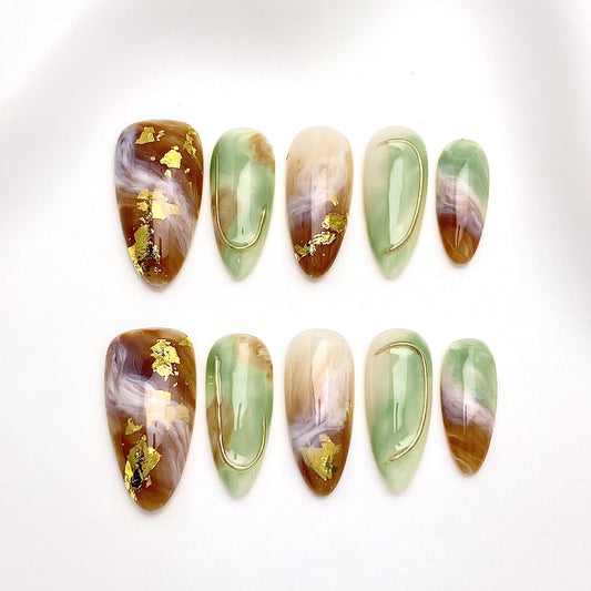 Elegant Almond Press-on Nails | Artisan Collection | Amber French, Gold Foil & Purple Cat-Eye Styles
