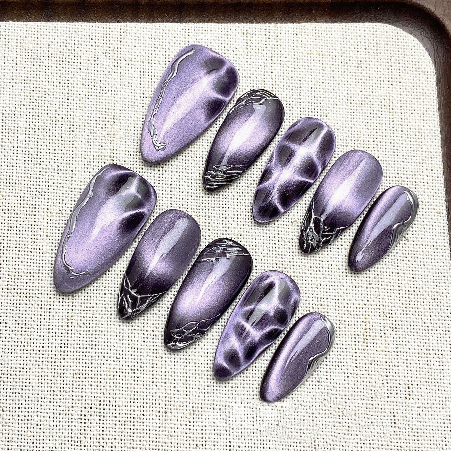 Elegant Almond Press-on Nails | Artisan Collection | Amber French, Gold Foil & Purple Cat-Eye Styles