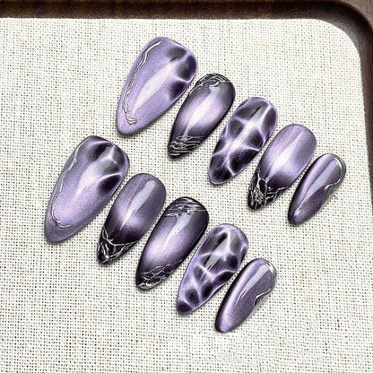 Elegant Almond Press-on Nails | Artisan Collection | Amber French, Gold Foil & Purple Cat-Eye Styles