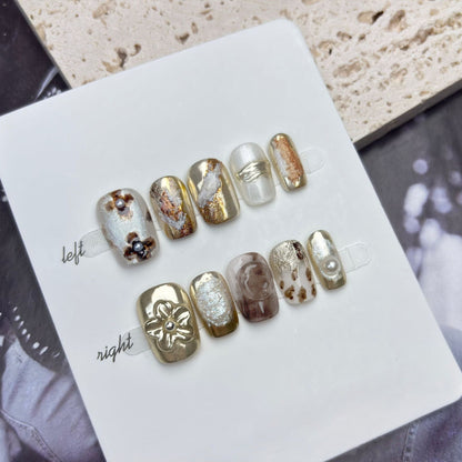 "Midnight Harmony" | Handcrafted Autumn-Winter Press-On Nails - Artistic Marble, Aurora Cat-Eye & 3D Embossed Designs