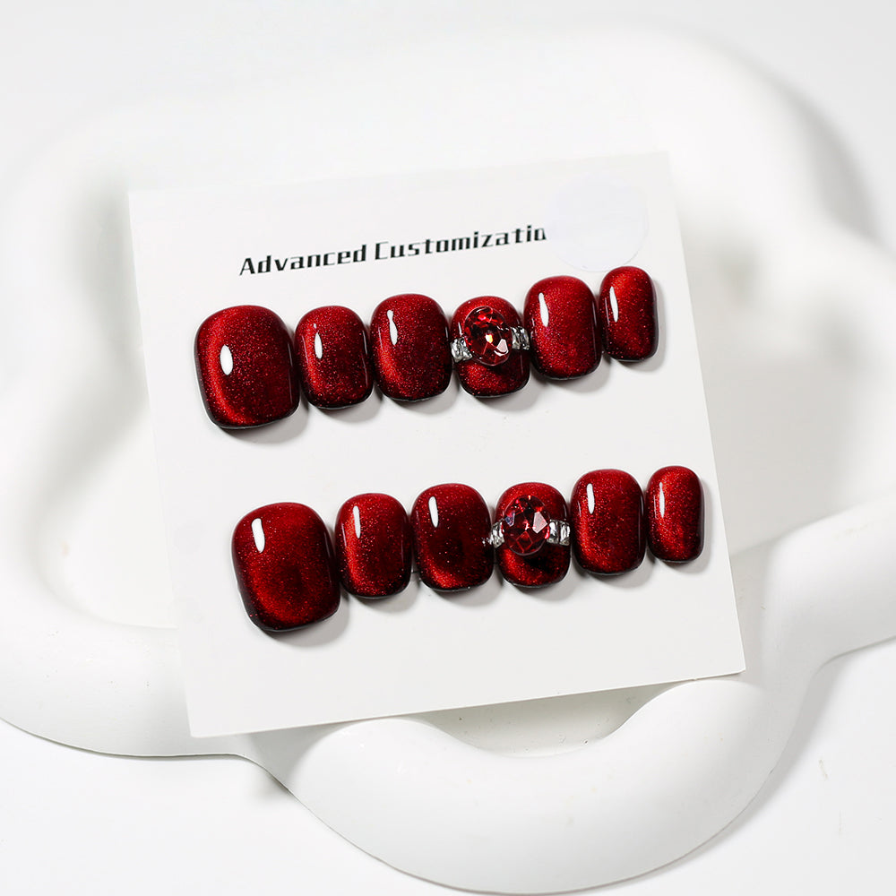 Handmade Ruby Red Magnetic Cat Eye Press On Nails | Luxury 3D Gemstone Custom Reusable Fake Nails