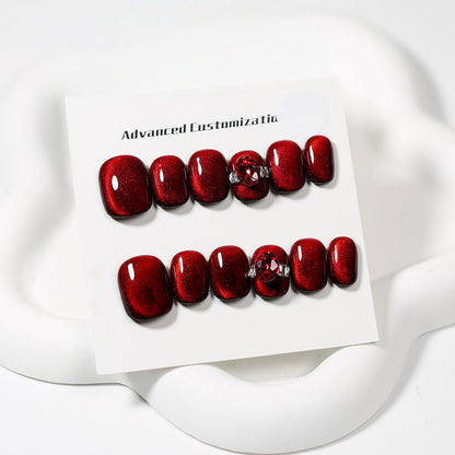 Handmade Ruby Red Magnetic Cat Eye Press On Nails | Luxury 3D Gemstone Custom Reusable Fake Nails