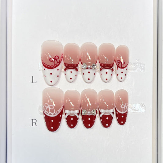 Retro Polka Dot Press-On Nails - Sweet French Style with Bows & Pearls | Medium Oval