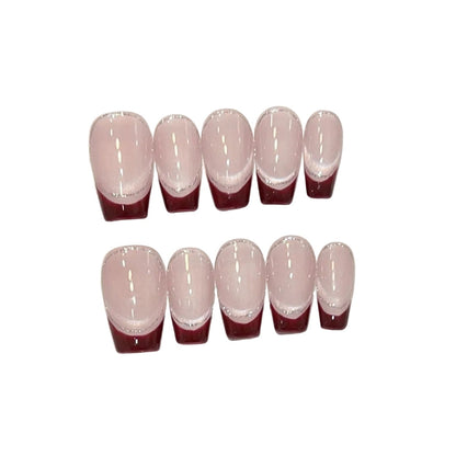 Burgundy Cat Eye French Tip Press-On Nails | Elegant Wine Red Shimmer Velvet False Nails - Short Coffin