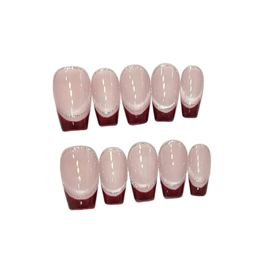 Burgundy Cat Eye French Tip Press-On Nails | Elegant Wine Red Shimmer Velvet False Nails - Short Coffin