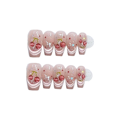 "Cherry Glaze" | Handcrafted French Cat-Eye Press-On Nails with 3D Cherry Art