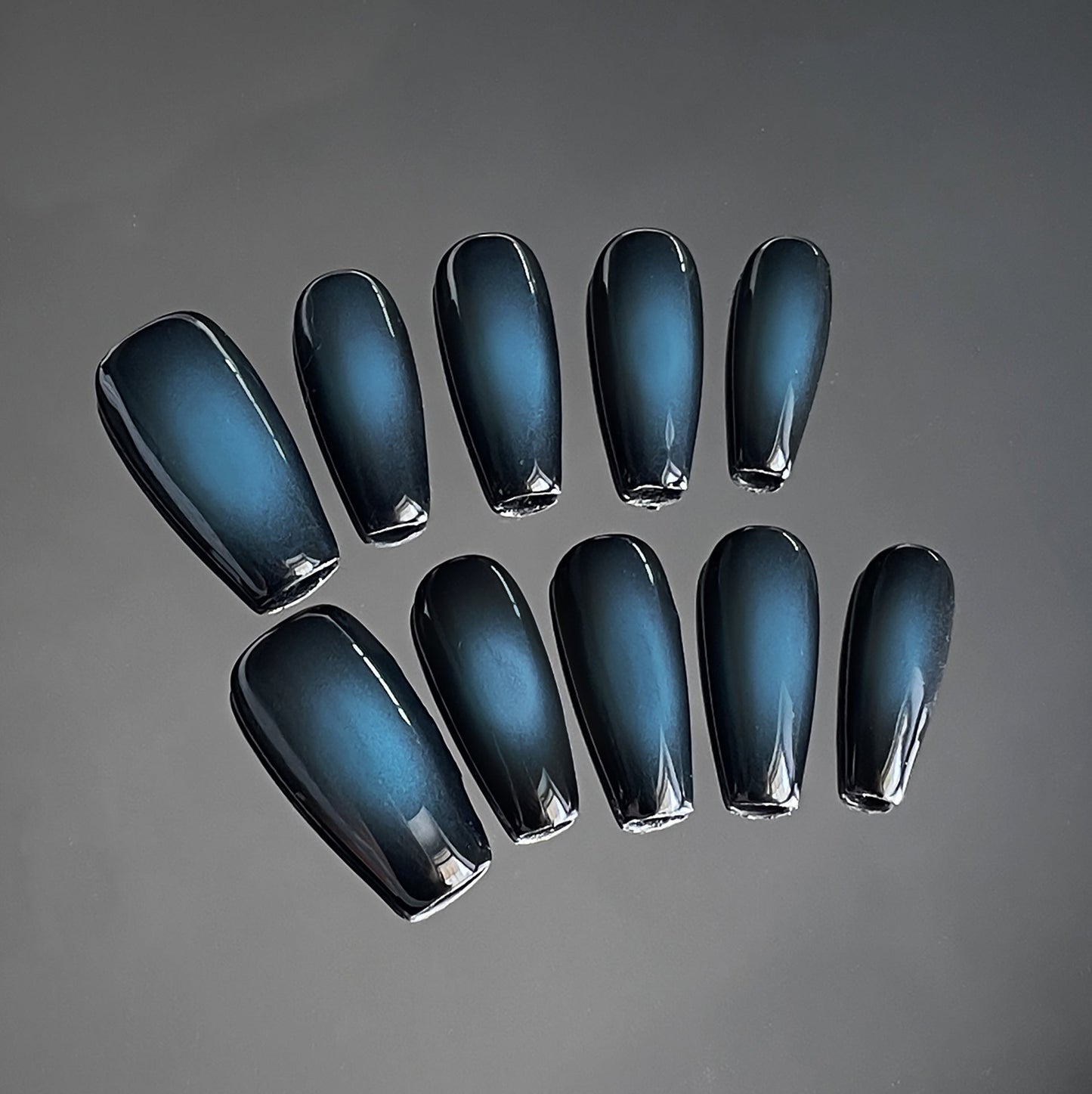 "Gothic-inspired Aura Blush" | Handcrafted Press-On Nails - Black Base with Purple & Blue Gradient | Medium Coffin Cool Girl Fake Nails