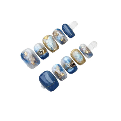 "Midnight Harmony" | Handcrafted Autumn-Winter Press-On Nails - Artistic Marble, Aurora Cat-Eye & 3D Embossed Designs
