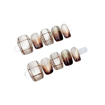 "Midnight Harmony" | Handcrafted Autumn-Winter Press-On Nails - Artistic Marble, Aurora Cat-Eye & 3D Embossed Designs