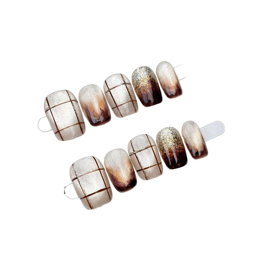 "Midnight Harmony" | Handcrafted Autumn-Winter Press-On Nails - Artistic Marble, Aurora Cat-Eye & 3D Embossed Designs