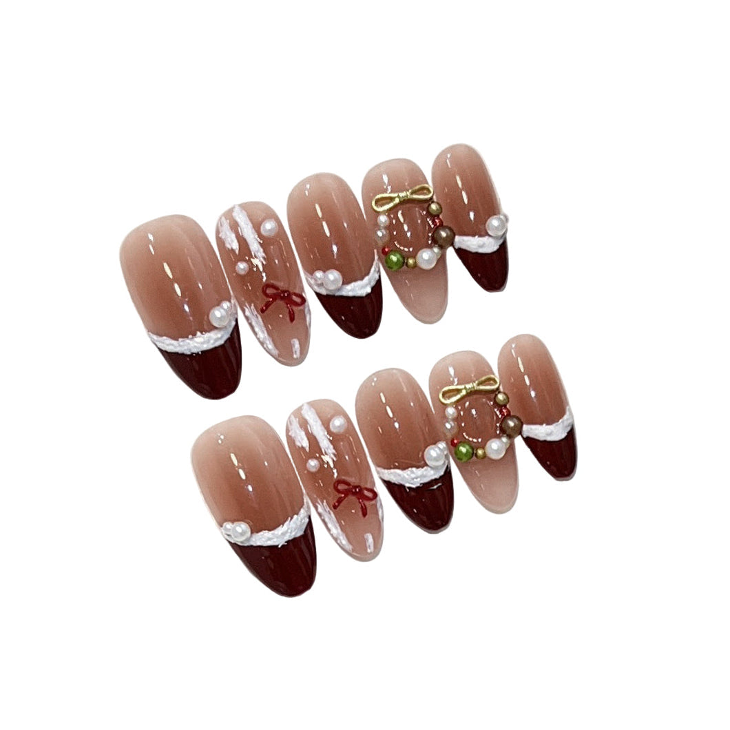 "Festive Ribbon" | Handcrafted Red French Tip Press-On Nails with Sweet Bowknots