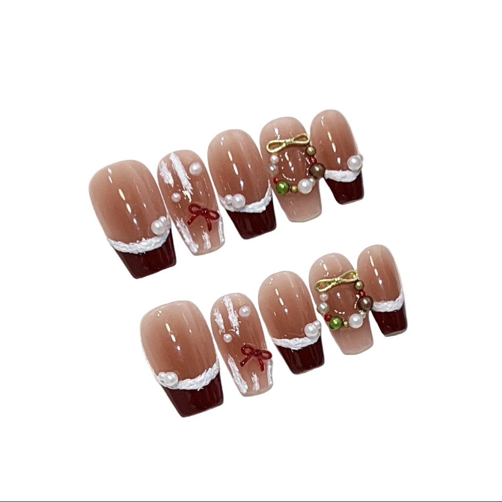 "Festive Ribbon" | Handcrafted Red French Tip Press-On Nails with Sweet Bowknots